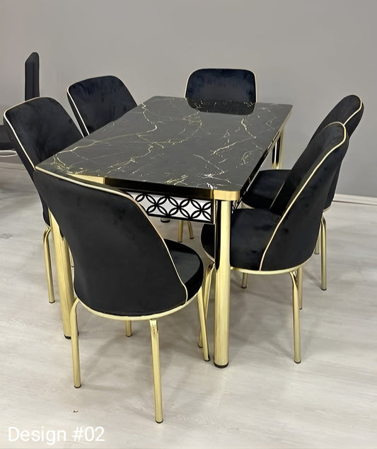 High Gloss Extendable Dining Table With 6 Plush Velvet Golden Legs Chairs