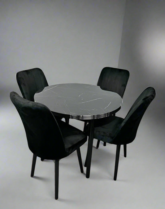 Round Wooden Dining Table With 4 Plush Velvet Wooden Chairs