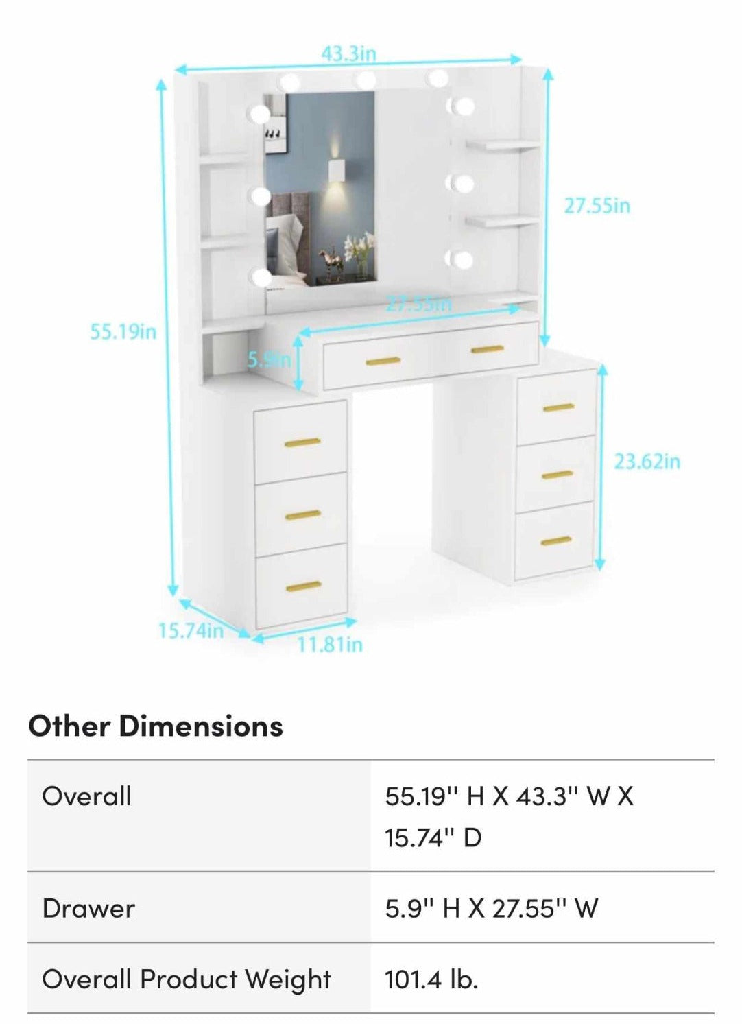 Dressing / Vanity Desk With Lights & Mirror