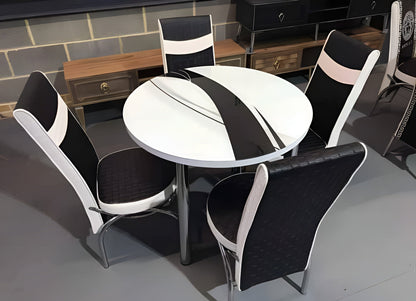 Round Glass And Steel Dining Table With 4 Faux Leather Chairs